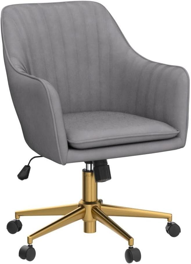 Modern Velvet Adjustable Office Chair in Grey & Gold with Swivel Wheels