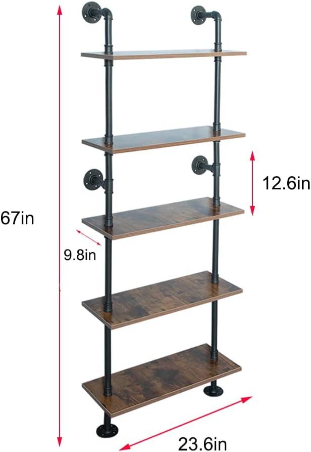 5 Shelf Industrial Pipe Shelving, Black Modern Bookcase Bookshelf, Wall Mount Ladder Shelf with Metal Frame Display Selves