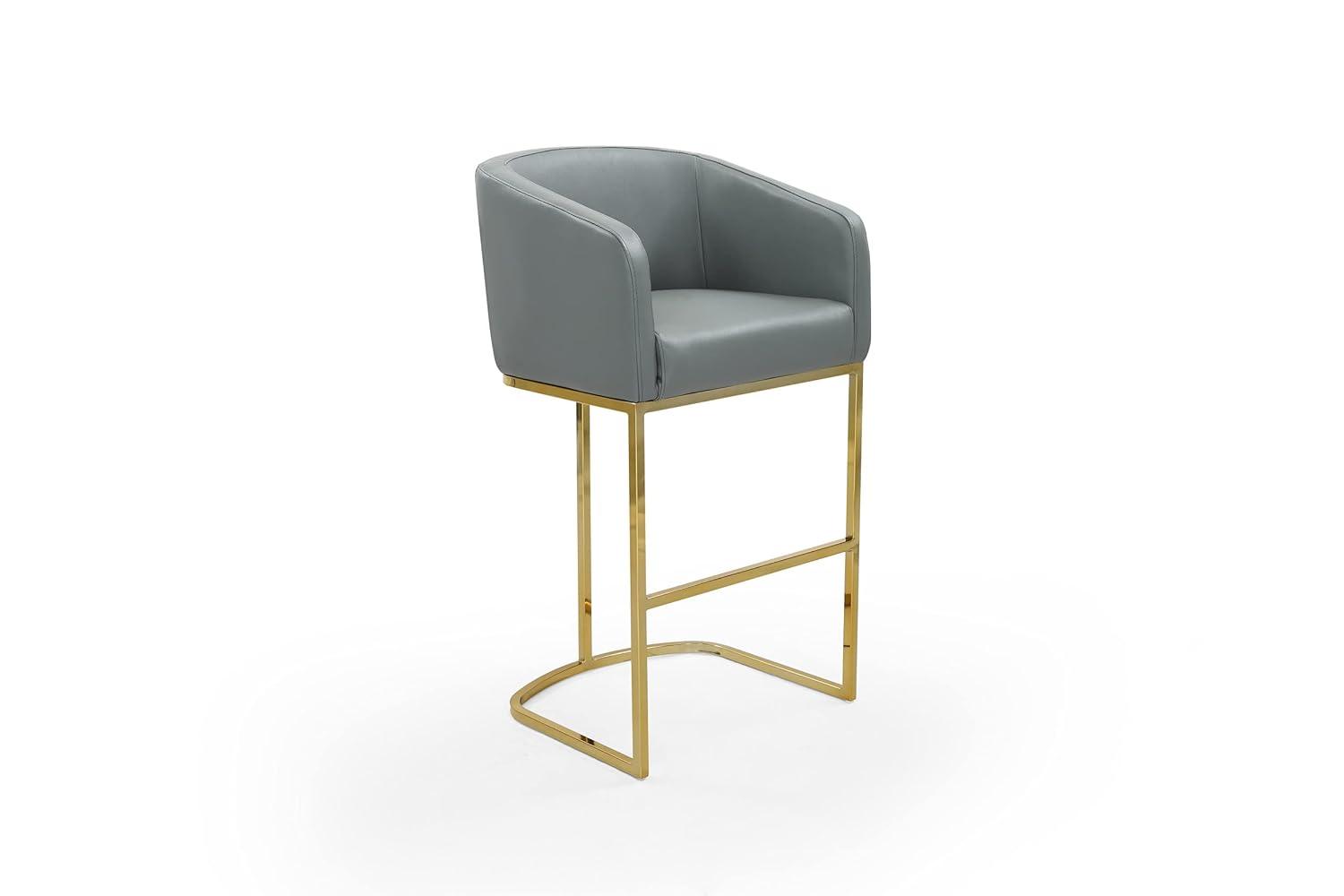Tess Bar Stool Chair PU Leather Upholstered Shelter Arm Design Half-Moon Goldtone Solid Metal U-Shaped Base Modern Contemporary, Grey