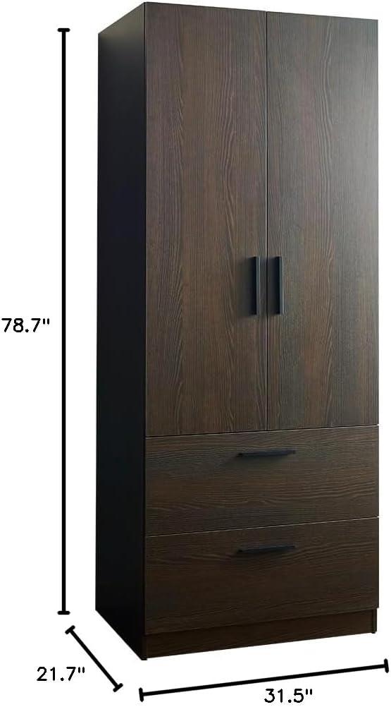 AndMakers Brook Two-Door Wood Closet with Two Drawers and Hanging Bars in Dark Brown