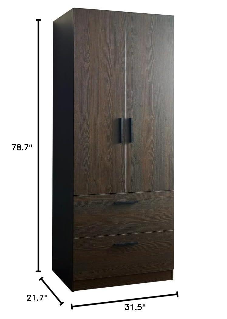 AndMakers Brook Two-Door Wood Closet with Two Drawers and Hanging Bars in Dark Brown