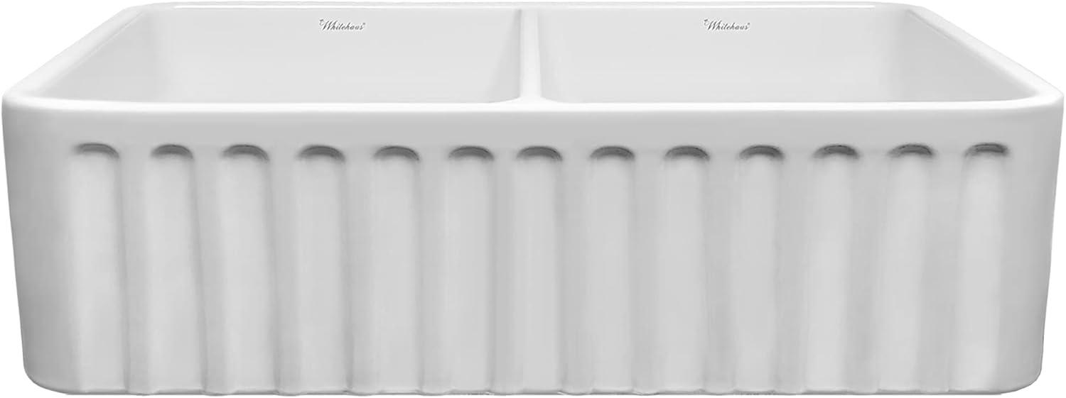 Whitehaus Collection 33" Reversible Double Bowl Fireclay Kitchen Sink: Panel & Fluted Front Apron