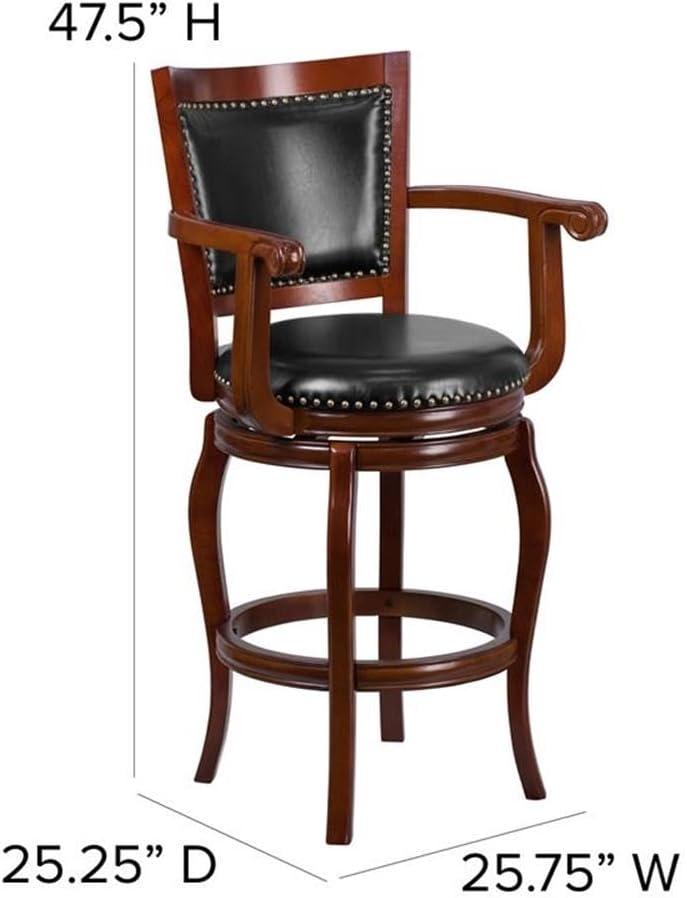 Flash Furniture Vestina 30" LeatherSoft Ladder Back Barstool with Footrest and Arms, Cherry Wood/Black