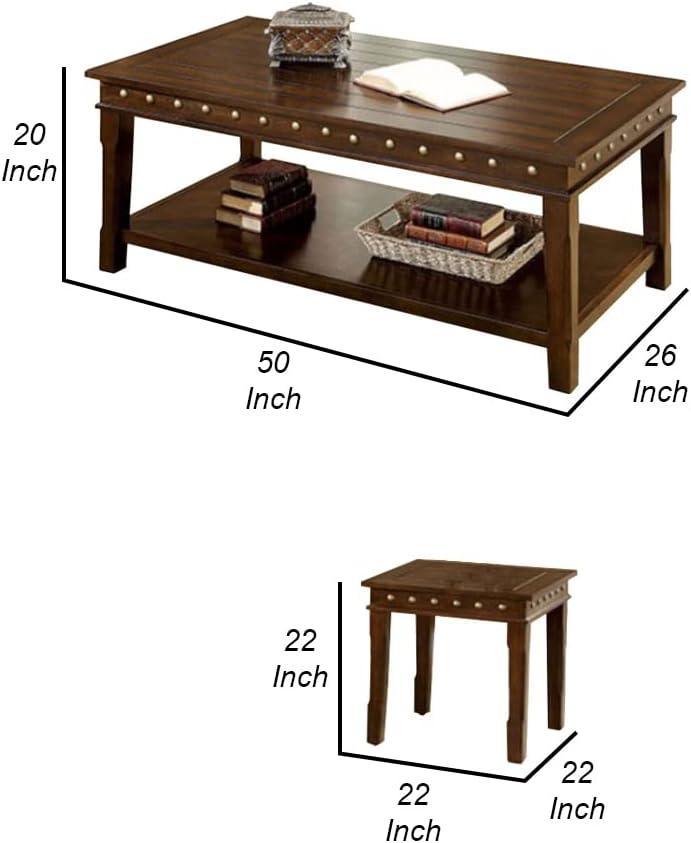 Benjara 26" 3-piece Solid Wood Coffee and End Tables with Nailhead Trim in Brown