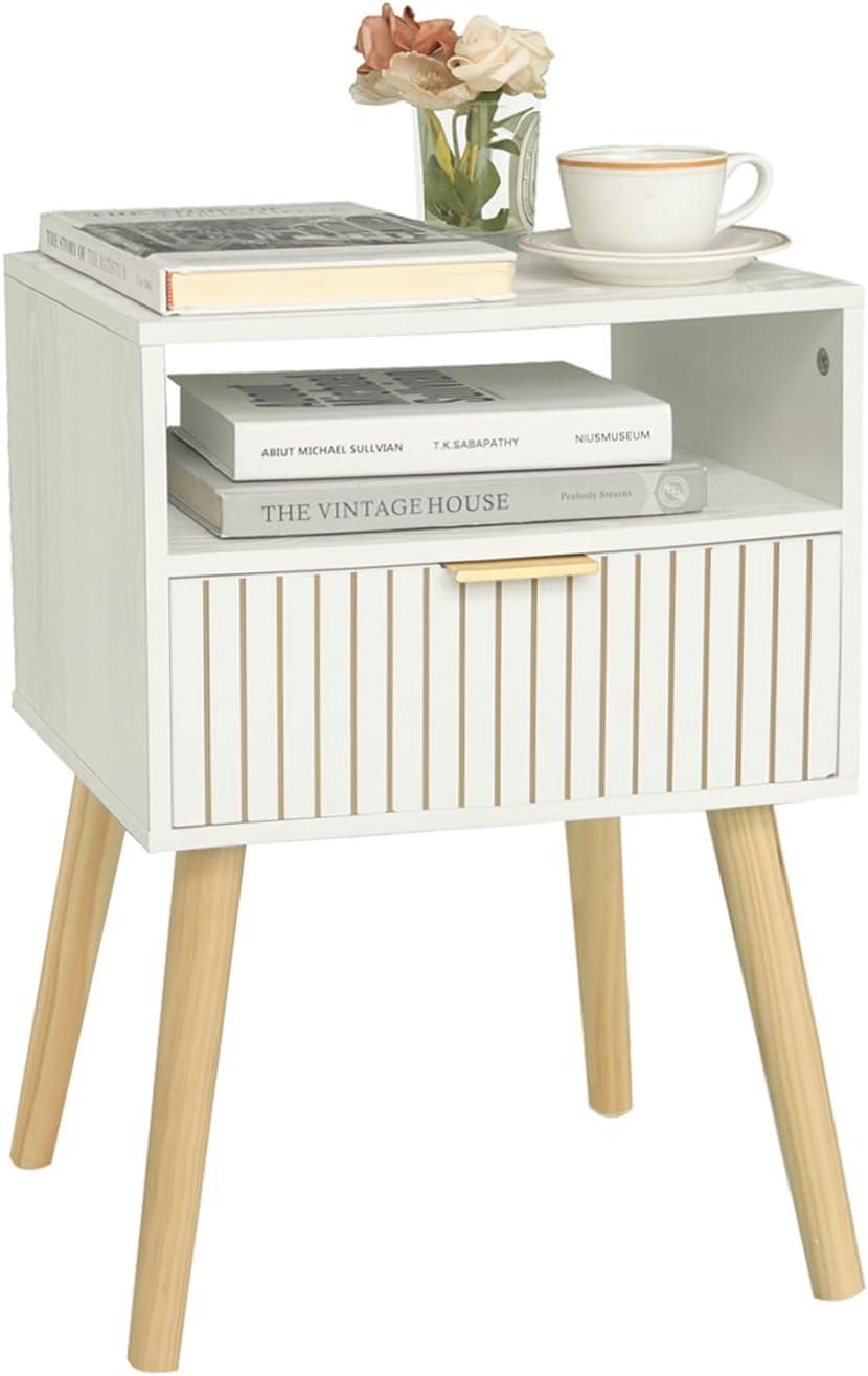 White Nightstand, Mid Century Modern Nightstand, Small Bedside Table End Table for Bedroom with 2-Tier Storage, White