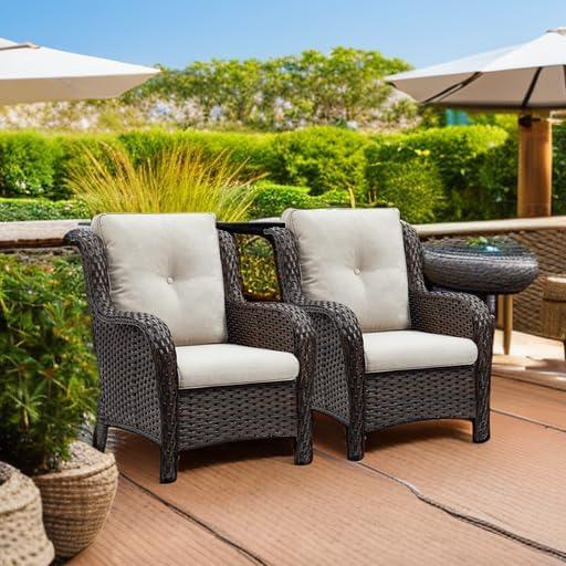 Outdoor Brown Rattan Patio Chairs with Beige Cushions, Set of 2