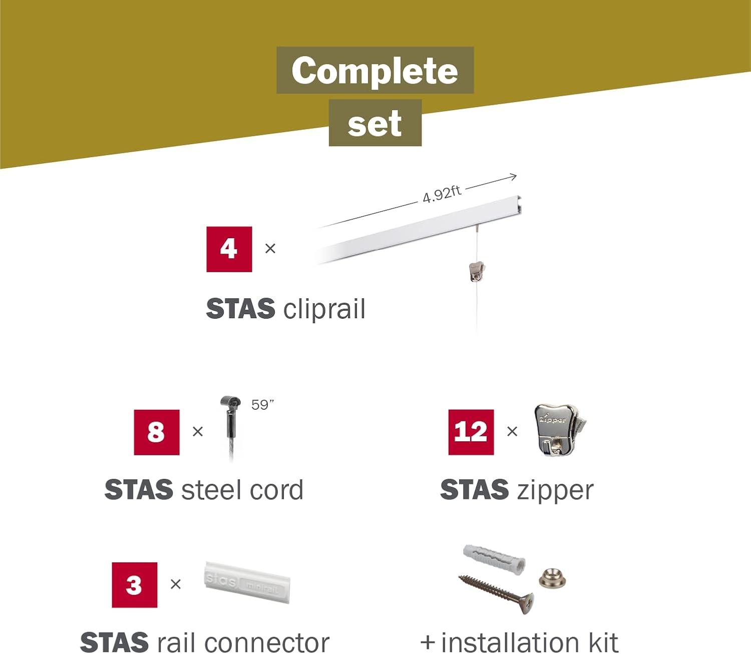 STAS Cliprail Picture Hanging System Set - Covers 19.69 ft of Wall Space - Basic Picture Rail & Art Hanging Gallery Kit Matte Silver Rails, Includes 12 Hooks & 8 Cords