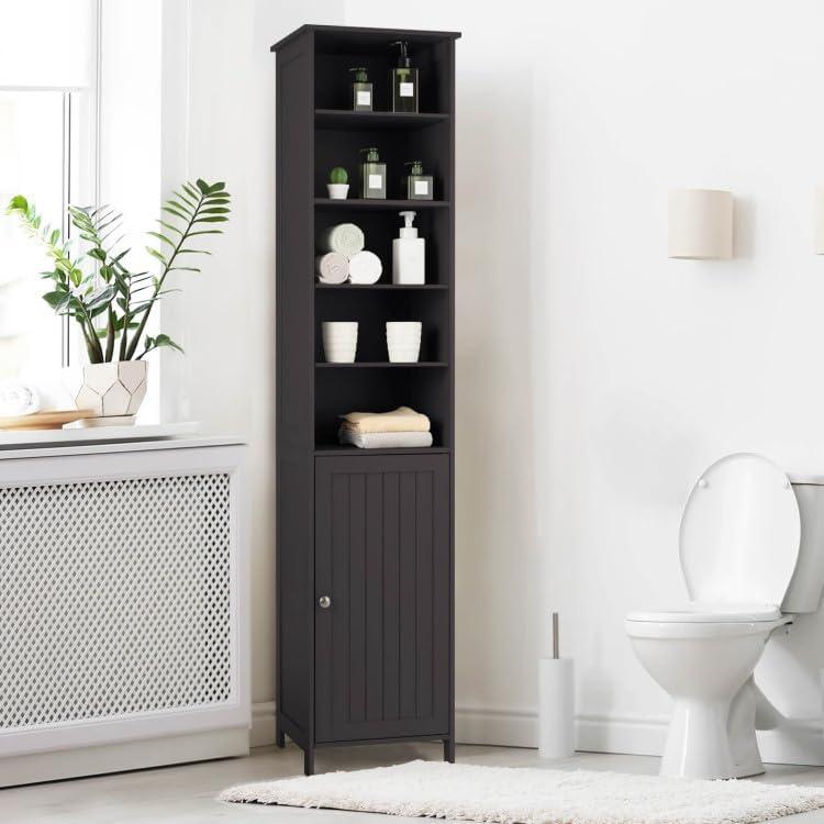 Brown Tall Slim Bathroom Storage Cabinet with Adjustable Shelves