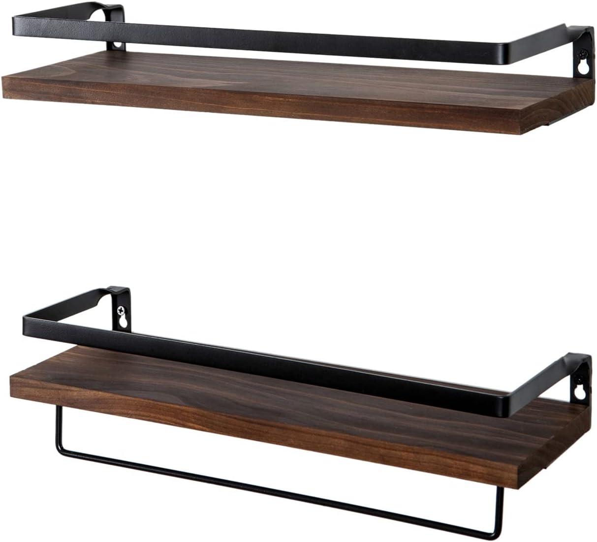 Brown Wood Floating Wall Shelves with Towel Rack