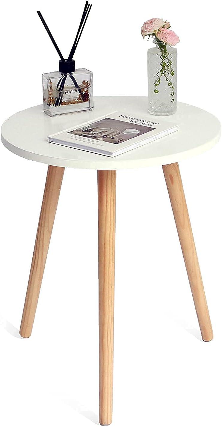 White Round MDF Side Table with Wooden Legs