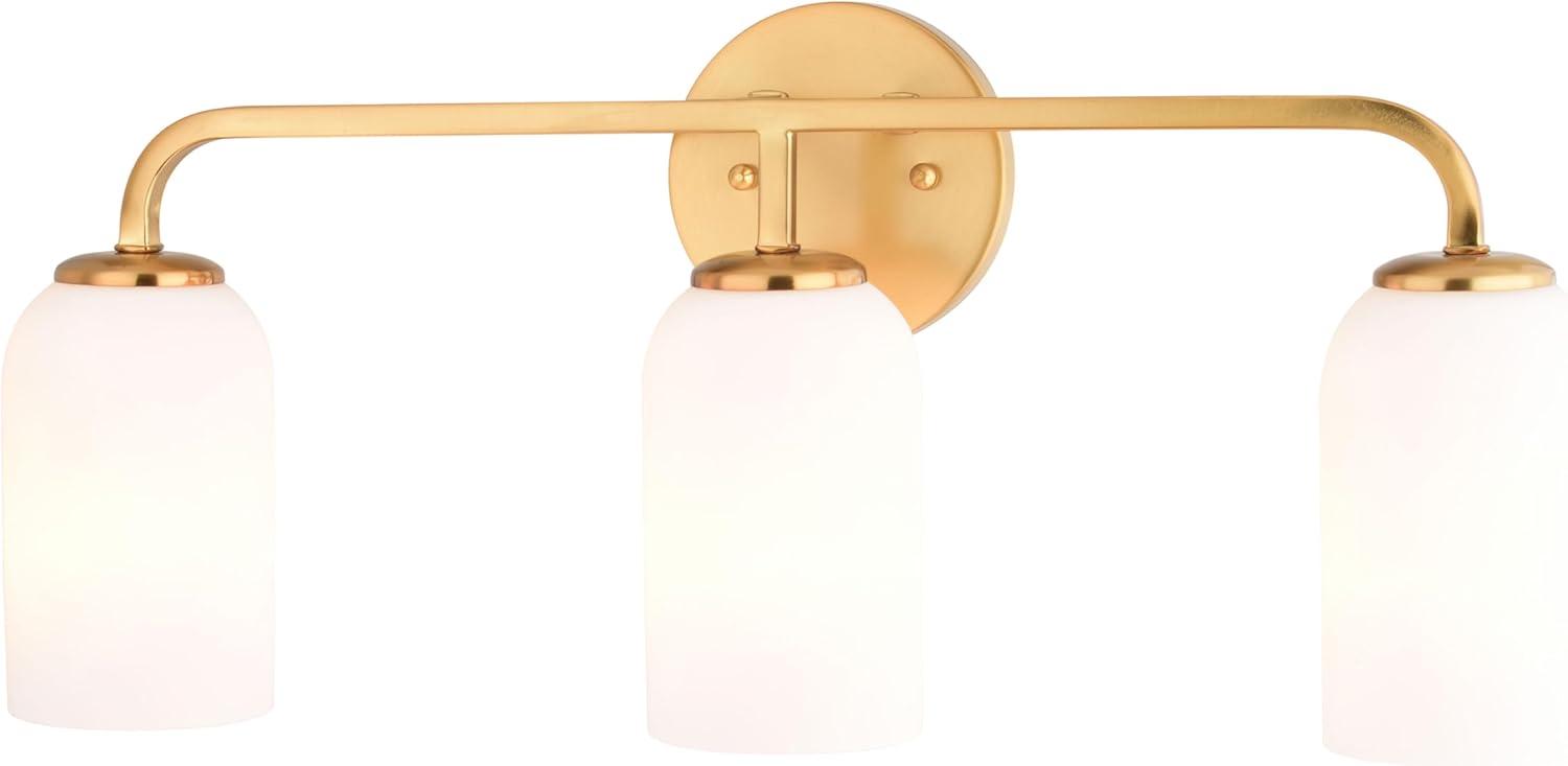 Shelby 3 Light Gold Brass Transitional Bathroom Vanity Fixture White Glass