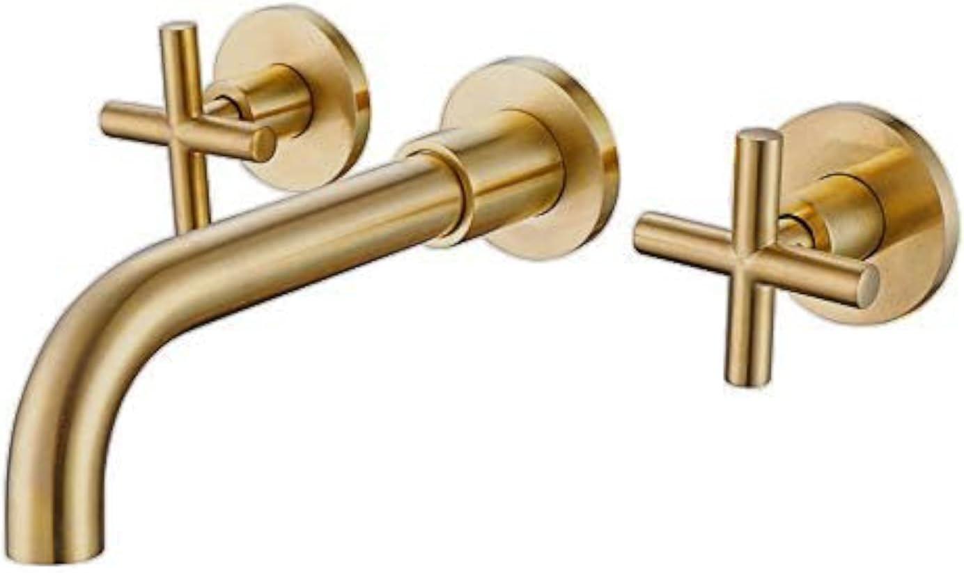 Brushed Gold Wall Mounted Bathroom Faucet with Dual Cross Handles