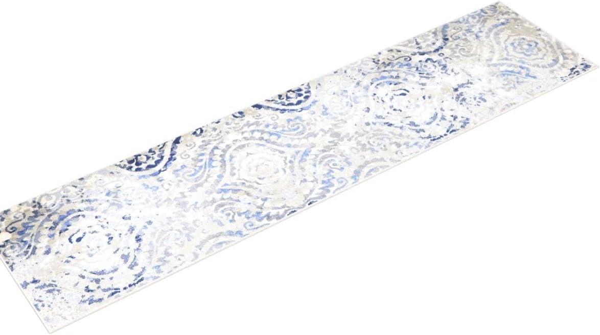 Home Dynamix Melrose Audrey Ogee Damask Runner Area Rug, Ivory/Blue, 1'8"x7'2"