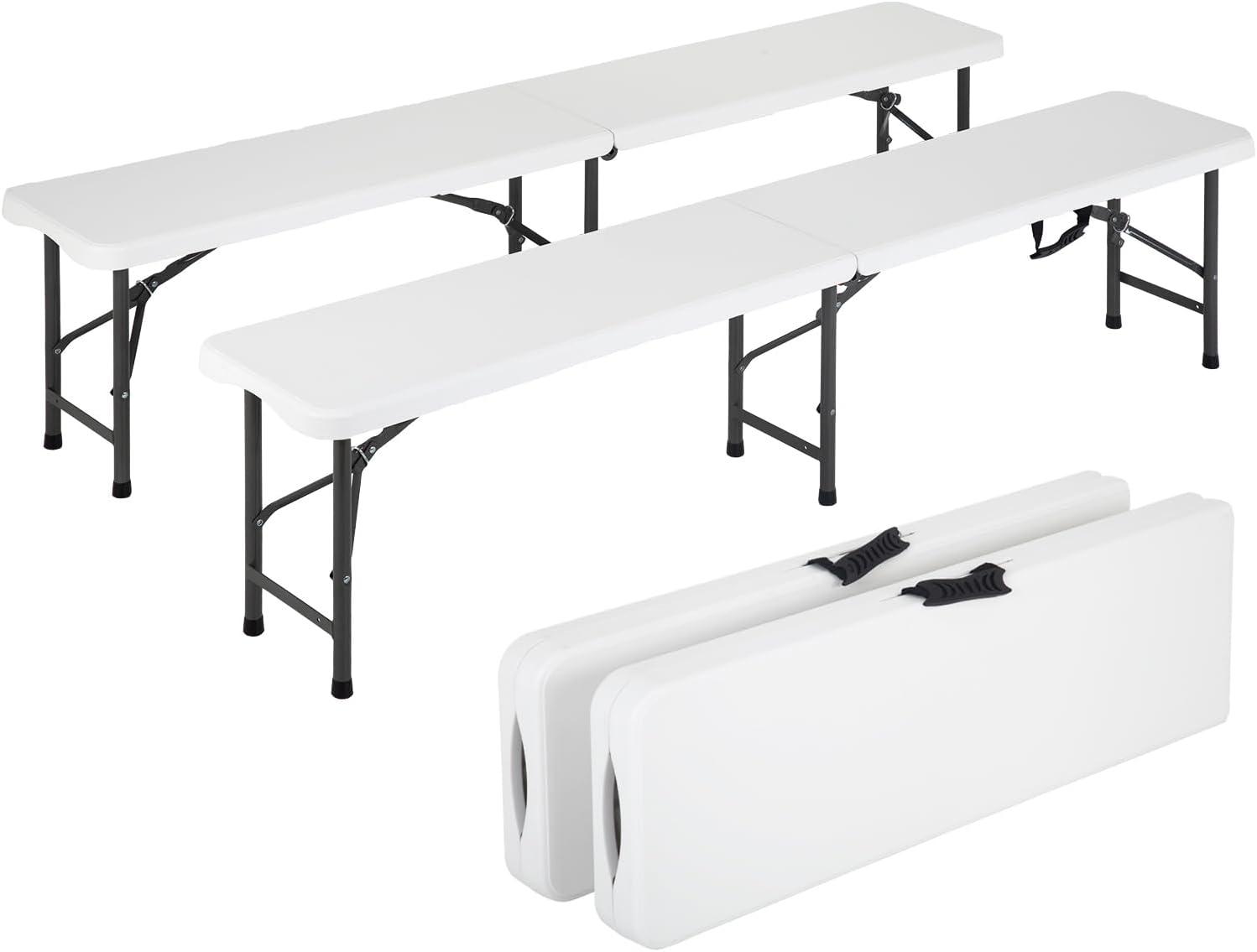 YRLLENSDAN Portable Folding Bench Plastic with Carrying Handle and Steel Frame, White (Set of 2)