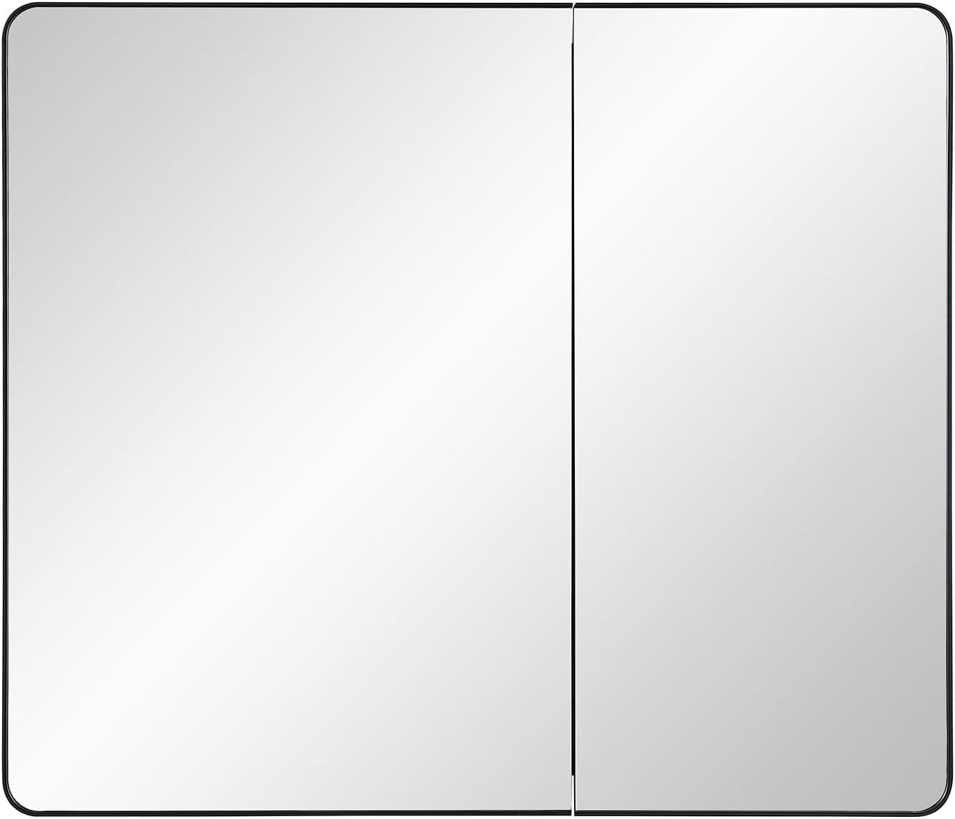 Black Bathroom Medicine Cabinet with Round Corner Framed Door and Beveled Edge Mirror 22 x 20 inch, Recessed or Surface Mount, with Adjustable Glass Shelves