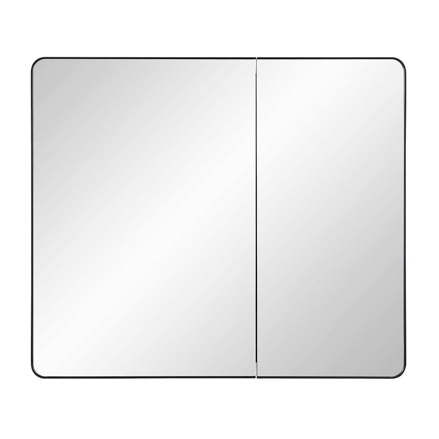 Black Bathroom Medicine Cabinet with Round Corner Framed Door and Beveled Edge Mirror 22 x 20 inch, Recessed or Surface Mount, with Adjustable Glass Shelves