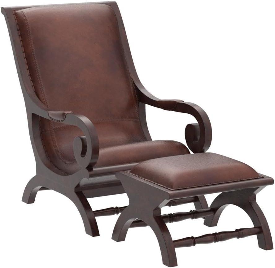 Traditional Teak Wood Accent Chair with Arms and Ottoman Brown - Olivia & May: Leather Upholstered, No Assembly Required