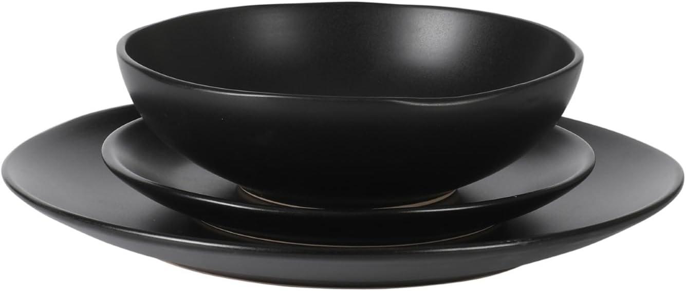 Gibson Home Bethel 18 Piece Plates and Bowls Ceramic Stoneware Organic Shape Dinnerware Set (Service for 6) - Matte Black