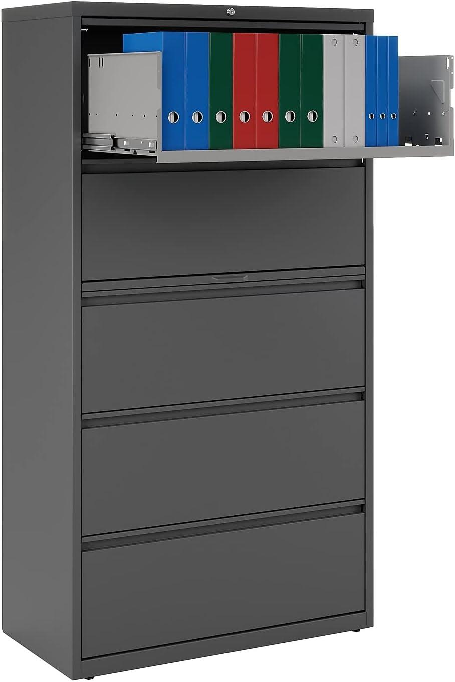 Charcoal 5-Drawer Lockable Lateral File Cabinet with Binder Storage