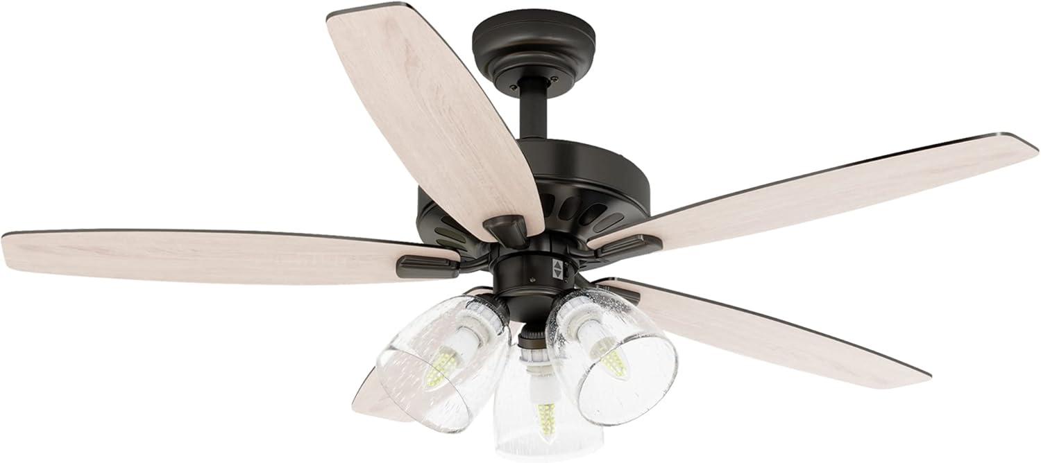 52'' Oak and Black Ceiling Fan with Clear Seeded Glass Light