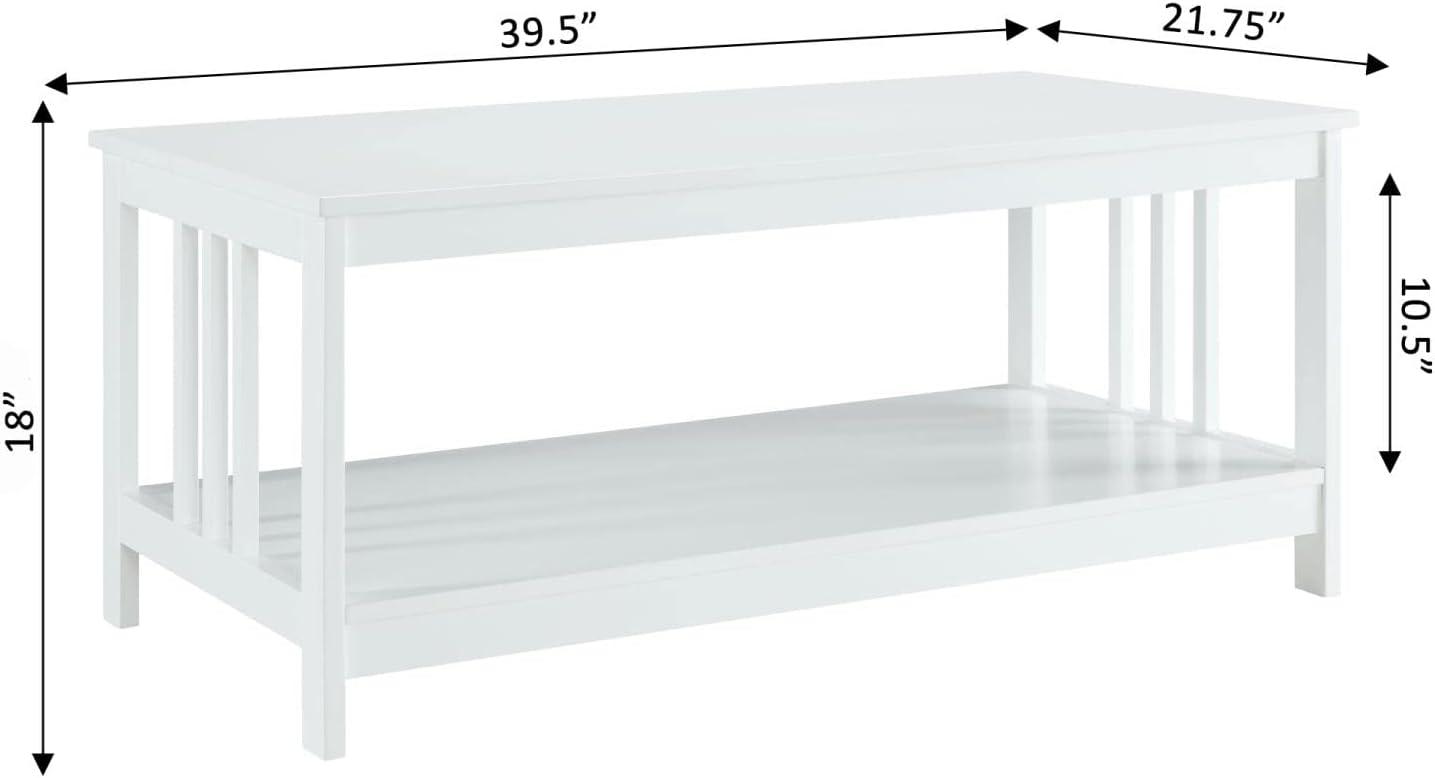 Elegant Mission White Rectangular Wood Coffee Table with Shelf