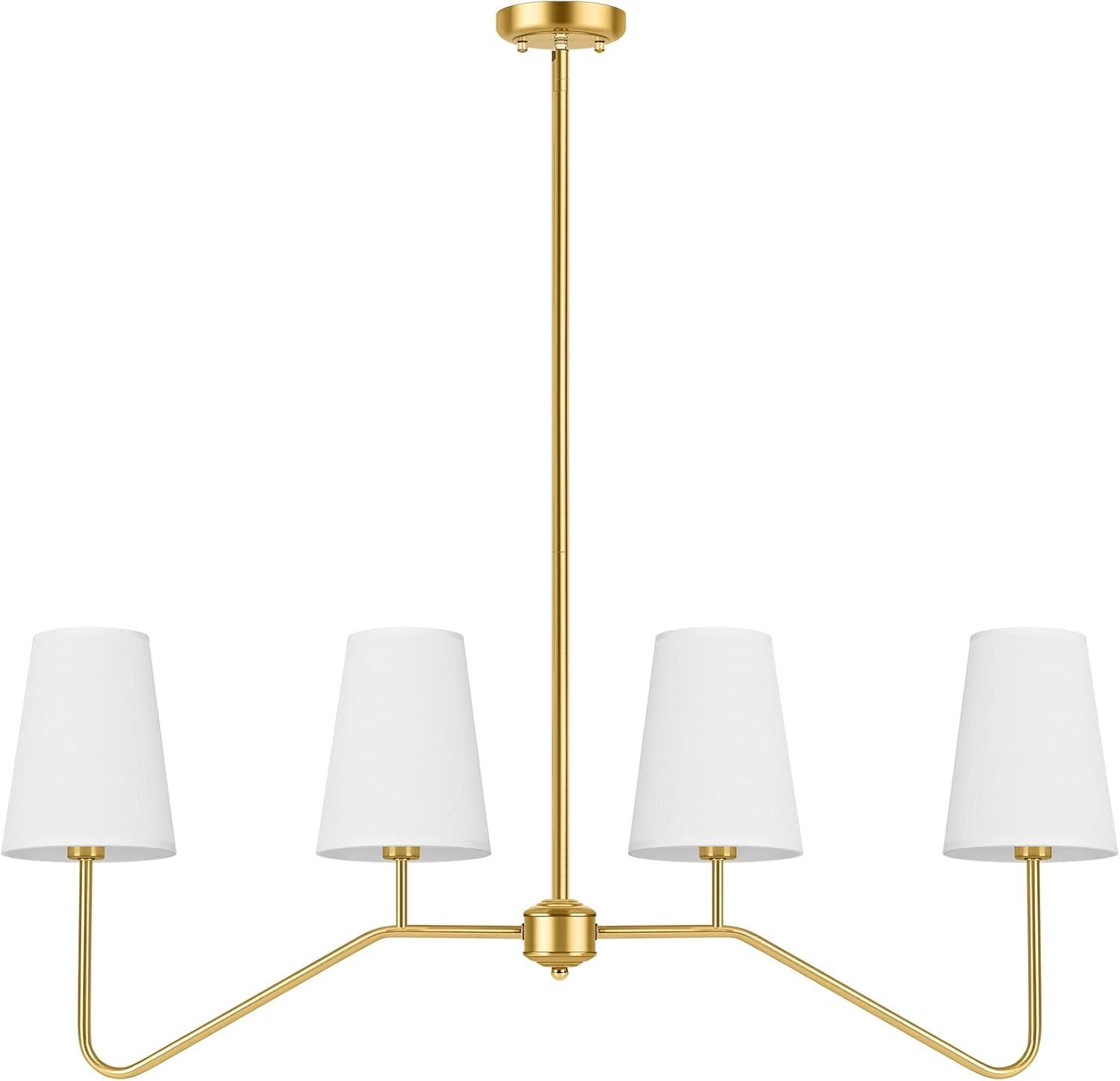 Gold Metal 4-Light Linear Chandelier with White Fabric Shades