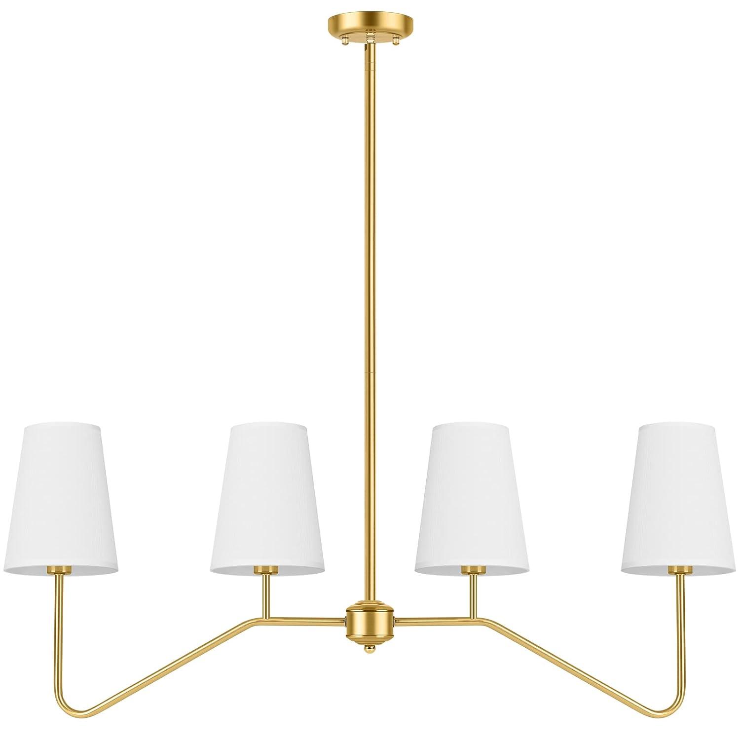 Brightever 4-Light Gold Linear Chandelier, Kicthen Island Light Fixture for Dining Room Over Table, Modern Pendant Lighting with White Fabric Shades for Pool Table, E12 Base (Bulb not Included)