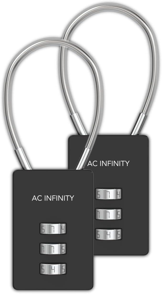 AC Infinity 3-Digit Combination Lock, 2-Pack Heavy-Duty Zinc Alloy Padlock with Steel Wire Cable for Grow Tents, Greenhouses, and Sheds