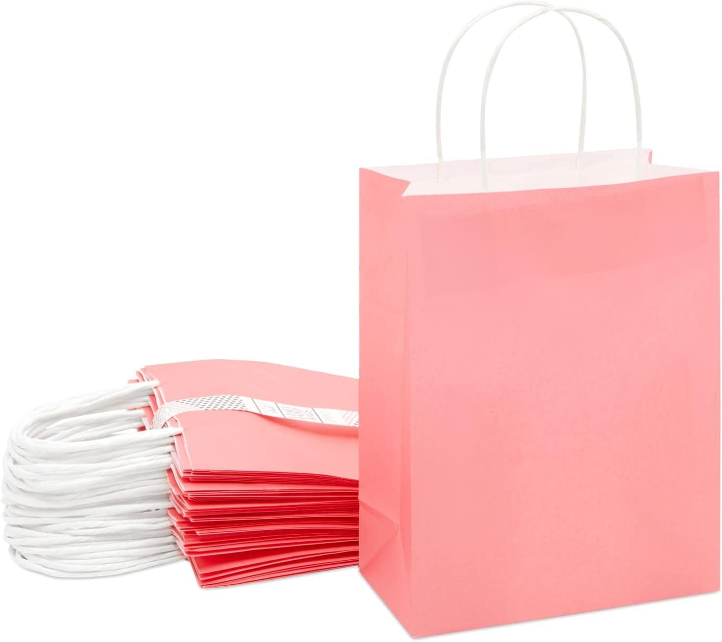 Sparkle and Bash Pink Kraft Paper Party Goodie Bags with Handles 25 Pack 8x4x10 Inches
