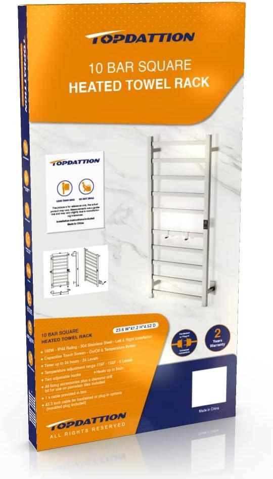 Topdattion Electric Towel Warmer | Super Thin | Hardwired & Plug-in | 10 Bar Brushed