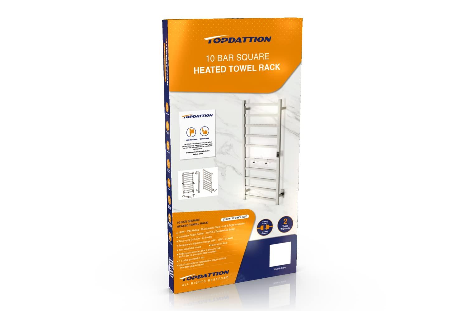 Topdattion Electric Towel Warmer | Super Thin | Hardwired & Plug-in | 10 Bar Brushed