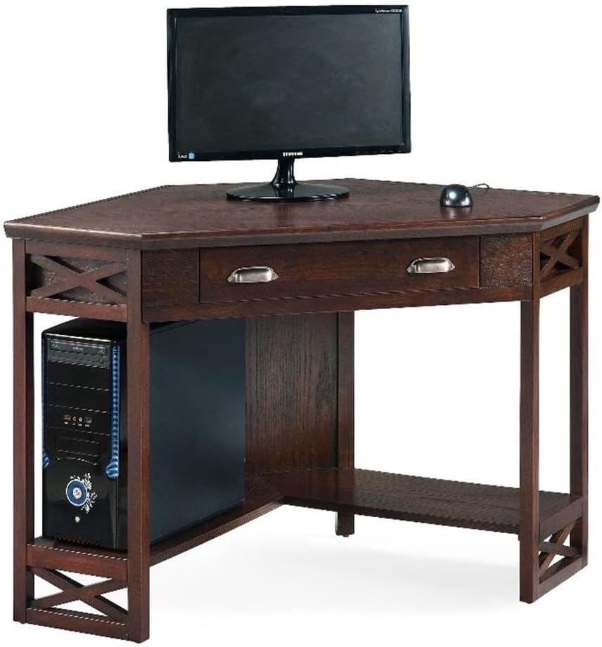 Leick Home 81430 Corner Computer/Writing Desk with Drawer and Shelf, Made with Solid Wood, Chocolate Oak