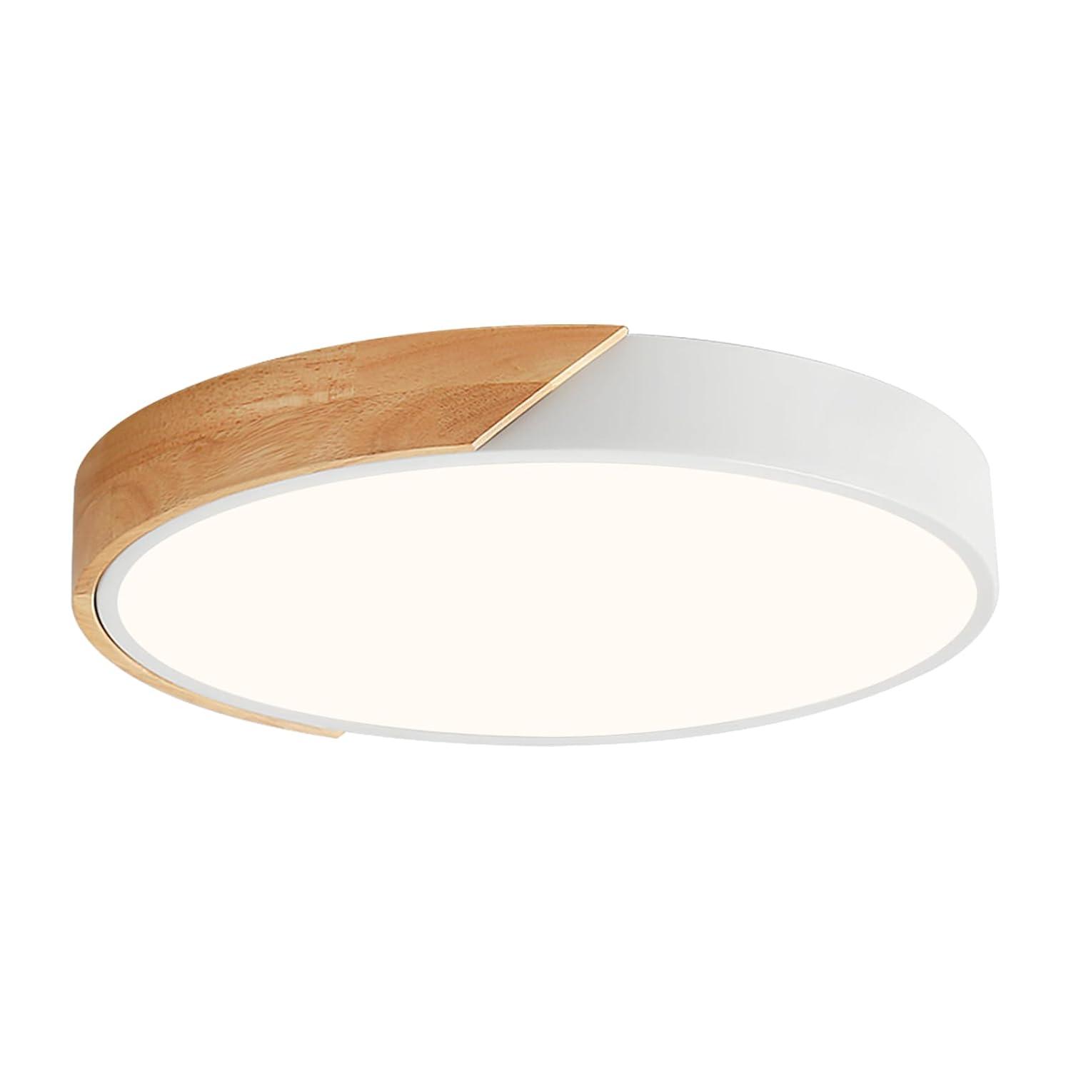 Vikaey Modern LED Ceiling Light, Minimalist Wood Flush Mount Ceiling Light Fixture, 4000K Not Dimmable, Circle Lighting Lamp with Acrylic Lampshade for Bedroom Dining Room Laundry (White, 15.8'')