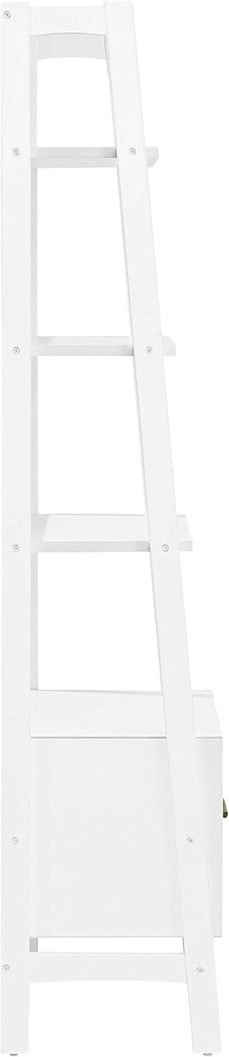 Mid-Century Modern White Wood Ladder Bookcase with Drawer