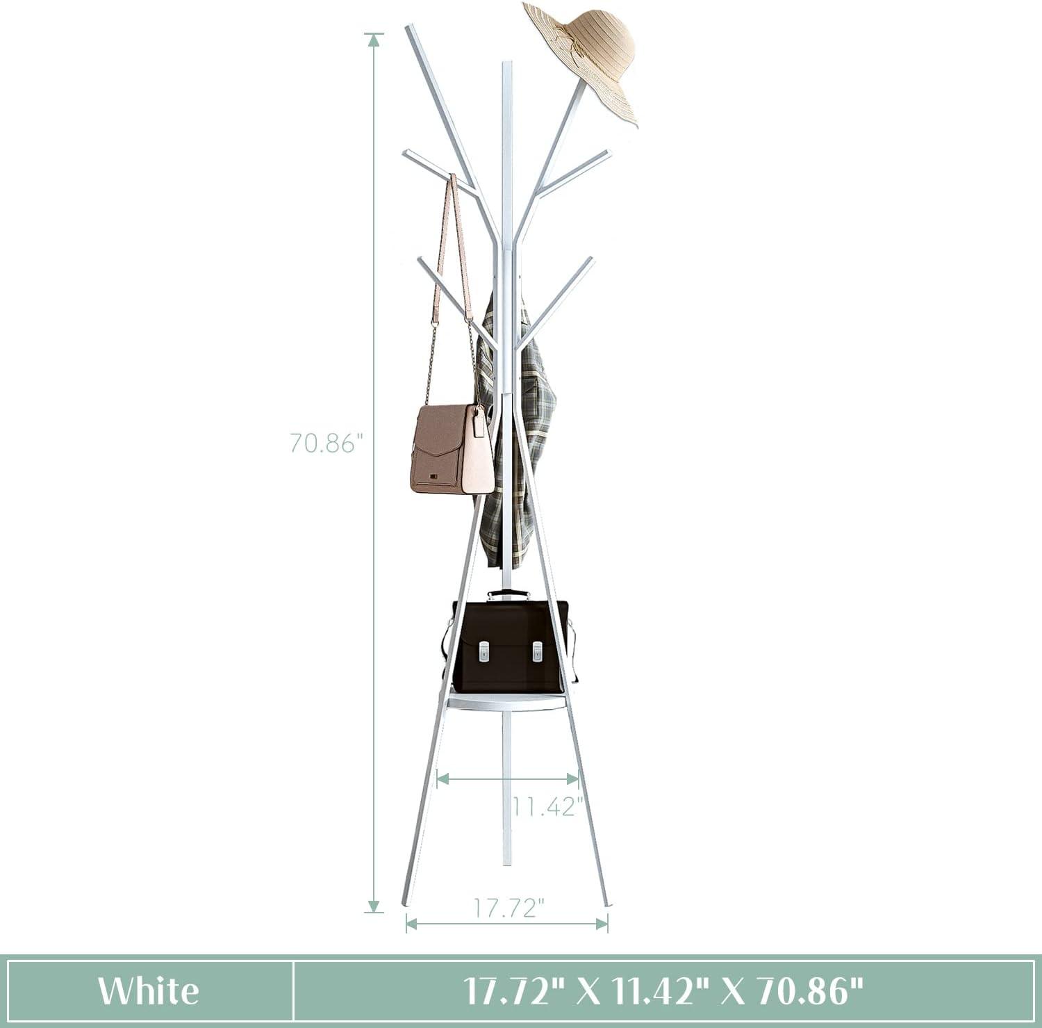 White Iron Coat Rack Tree with Wooden Shelf and 9 Hooks