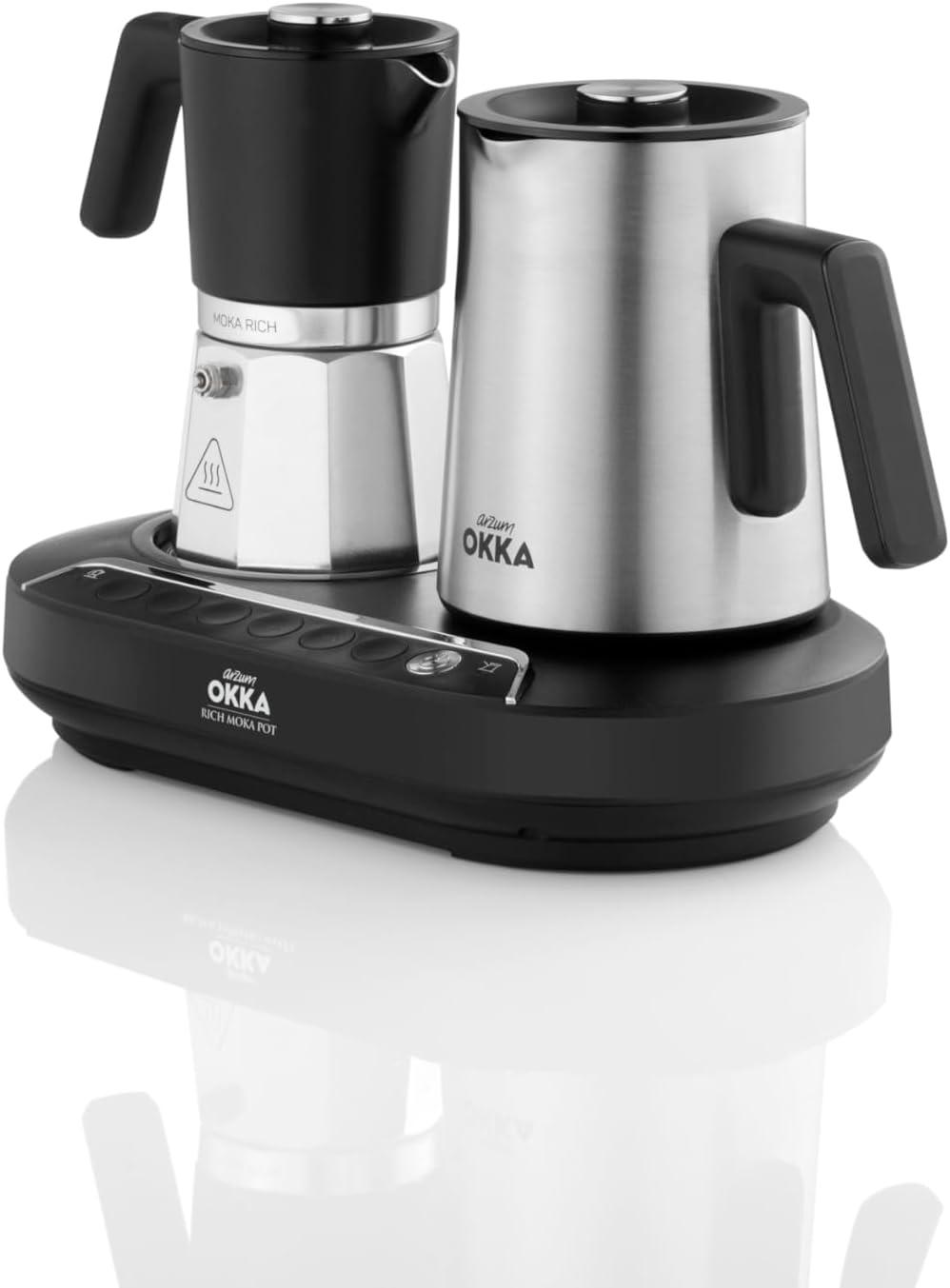 Arzum Okka Rich Moka Pot Turkish Coffee And Moka Maker, Velvetiser, Milk Frother, 5 Cups, Stainless Steel Cooking Pot, Chrome