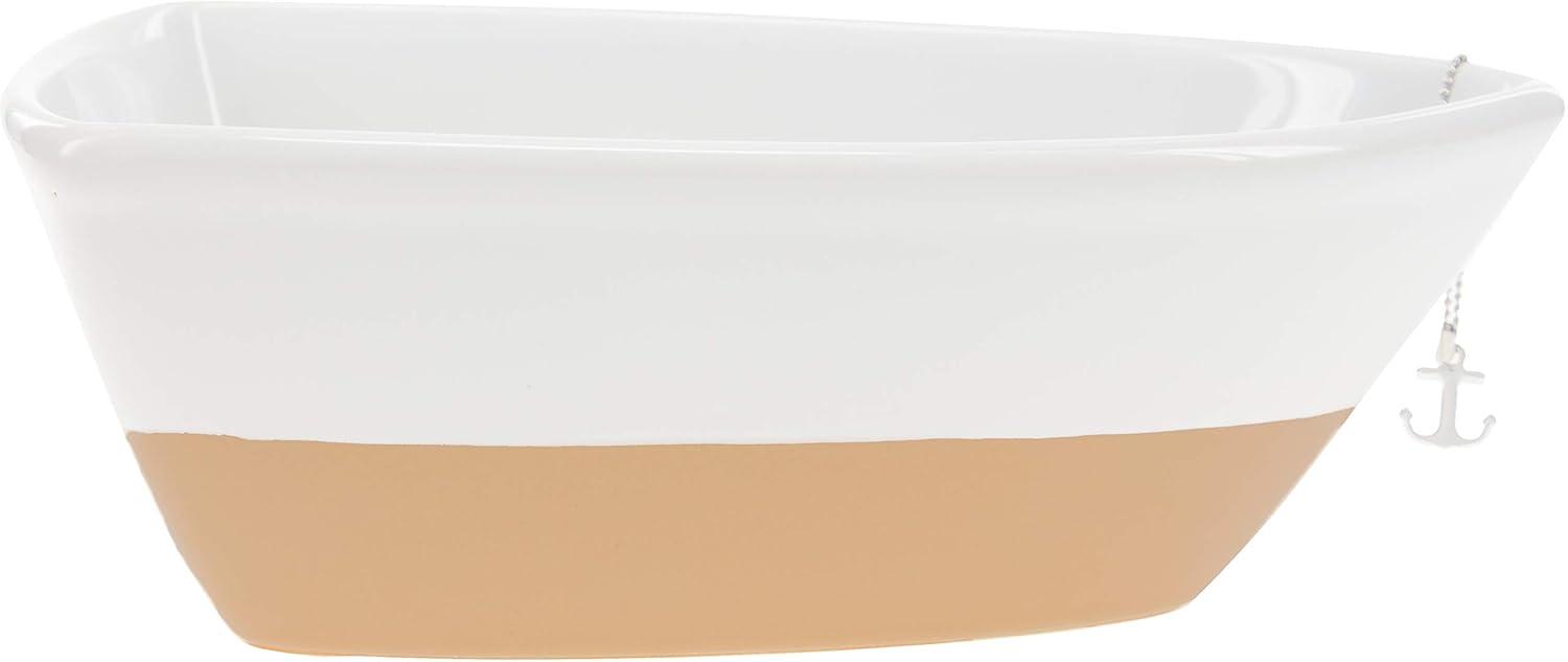 Pavilion Gift Company 12 Oz Stoneware Boat Dish Server With Wooden Oar Scoop Life Is At The Beach, Beige