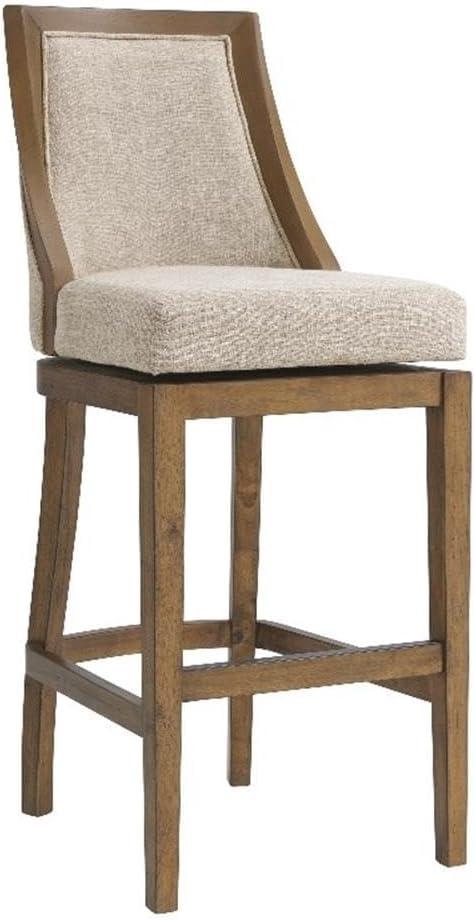 Alaterre Ellie Bar Height Stool, Back, Swivel Seat, Brown, Upholstered Padded Seat, Rubberwood Frame, Steel Memory Return Mechanism, Dimensions 19 in. W x 22 in. D x 46 in. H, Footrest, Metal Kick Plate