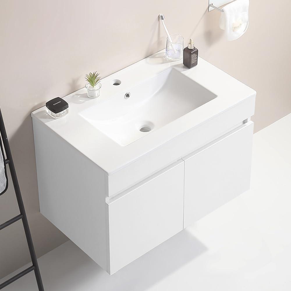 Rugerasy 36 Inch Bathroom Vanity With Top Sink, Wall Mounted Floating Vanity Bathroom White Ceramic Basin, 2 Soft Close locker WoodenDoors, Excluding Faucets