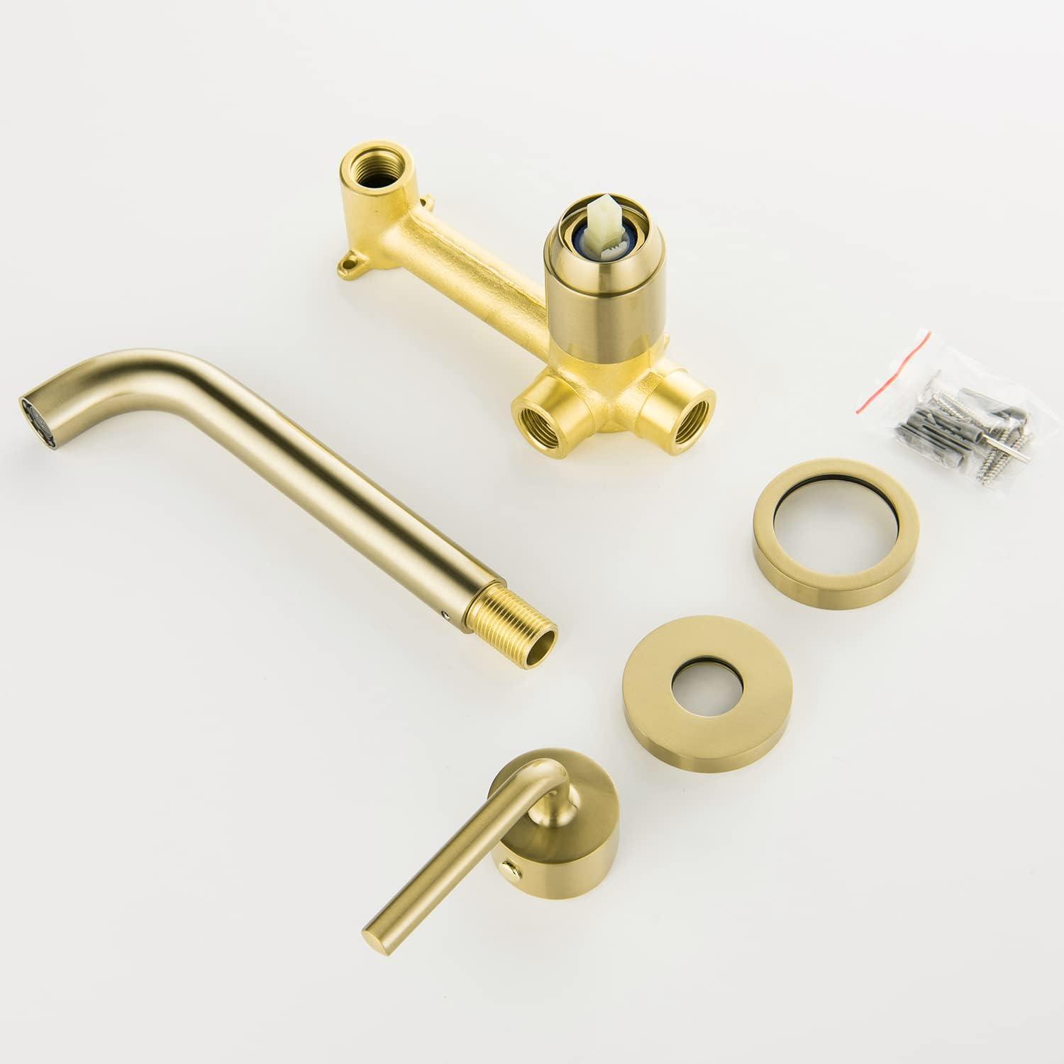 Brushed Gold Wall Mount Brass Bathroom Faucet with Single Handle