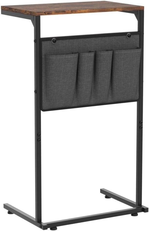 C Shaped End Table, Small Couch Side Table with Storage Bag, Sturdy Slide Under Sofa Table with Metal Frame for Living Room & Bedroom (16" L x 11.6" W x 28" H), Ebonized Oak