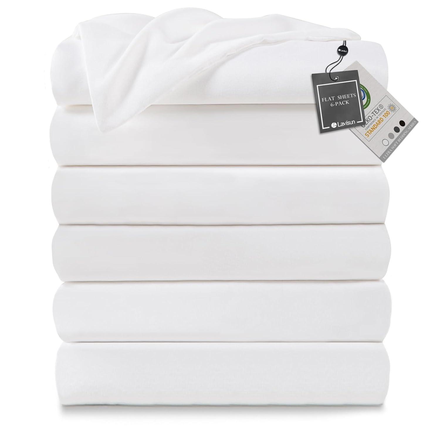 Lavisun Twin Flat Sheets Only, 6 Pack Soft Brushed Microfiber Bedding Sheets for Hotel, Massage, Hospital, Home, Dorm, Bulk Flat Sheets Only Twin Size (White)