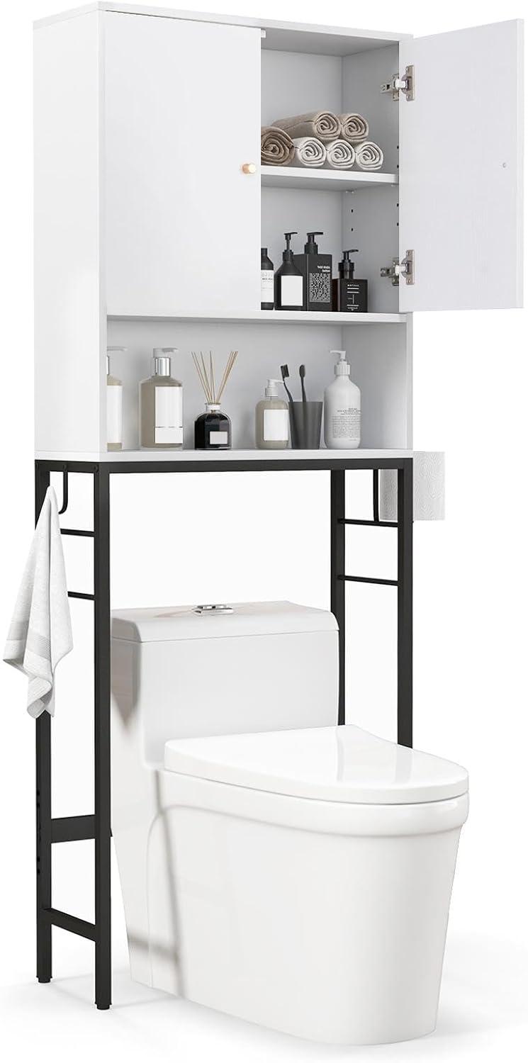 Over The Toilet Storage Bathroom Organizer with Double-Door Cabinet & Open Compartment Adjustable Shelf & Bottom Bar Space-saving Rack Black/ Natural/ White