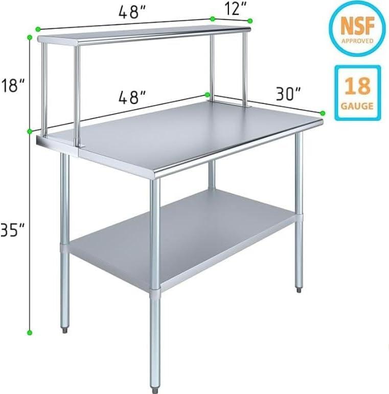 Stainless Steel Kitchen Work Table with Overshelf and Lower Shelf