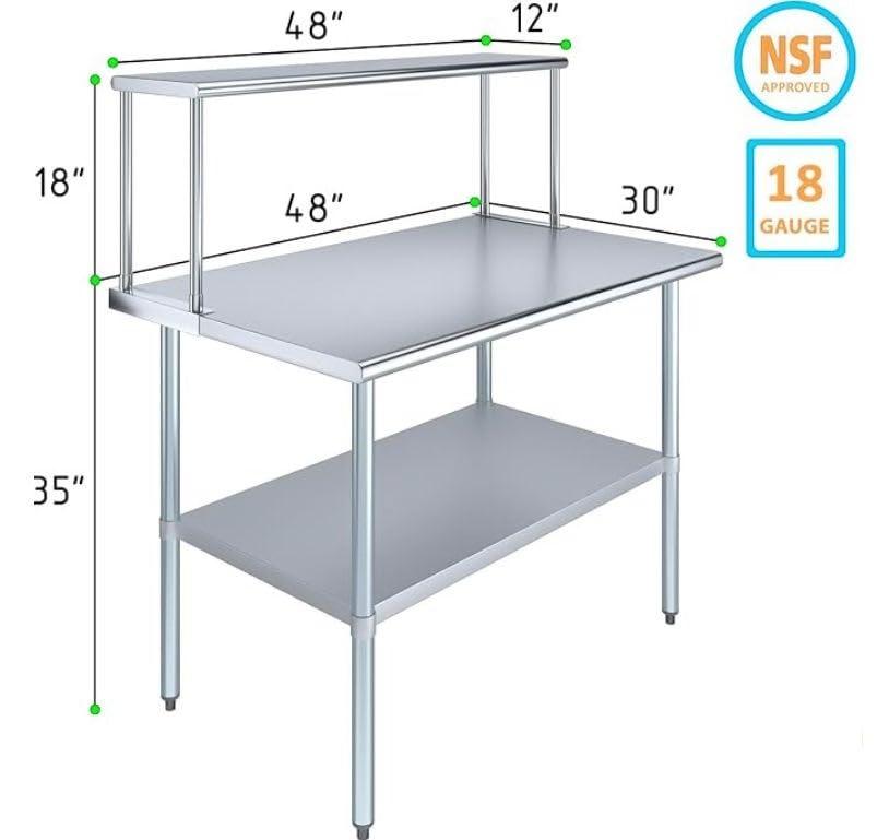 Stainless Steel Work Table with Wide Single Tier Overshelf | Metal Kitchen Prep Table & Shelving Combo (30" x 48" Work Table + 12" Overshelf)