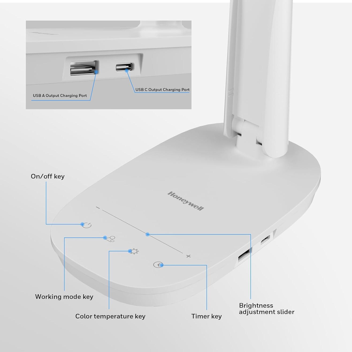 Honeywell LED Desk Lamp Dimmable Desk Light with USB A+C Dual Charging Port Eye-Caring Foldable Table Lamp with 4 Color Modes for Home Office Bedroom Reading Study Work HWT-H2W White