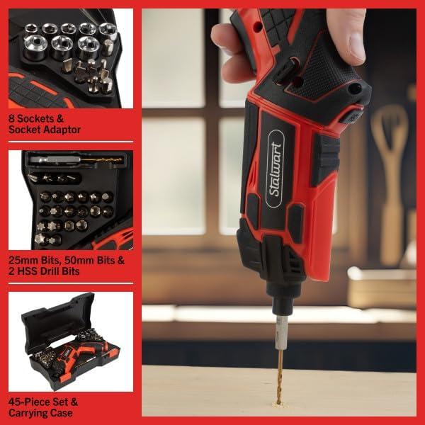 45-Piece 4V Cordless Screwdriver Set (Red) by Stalwart