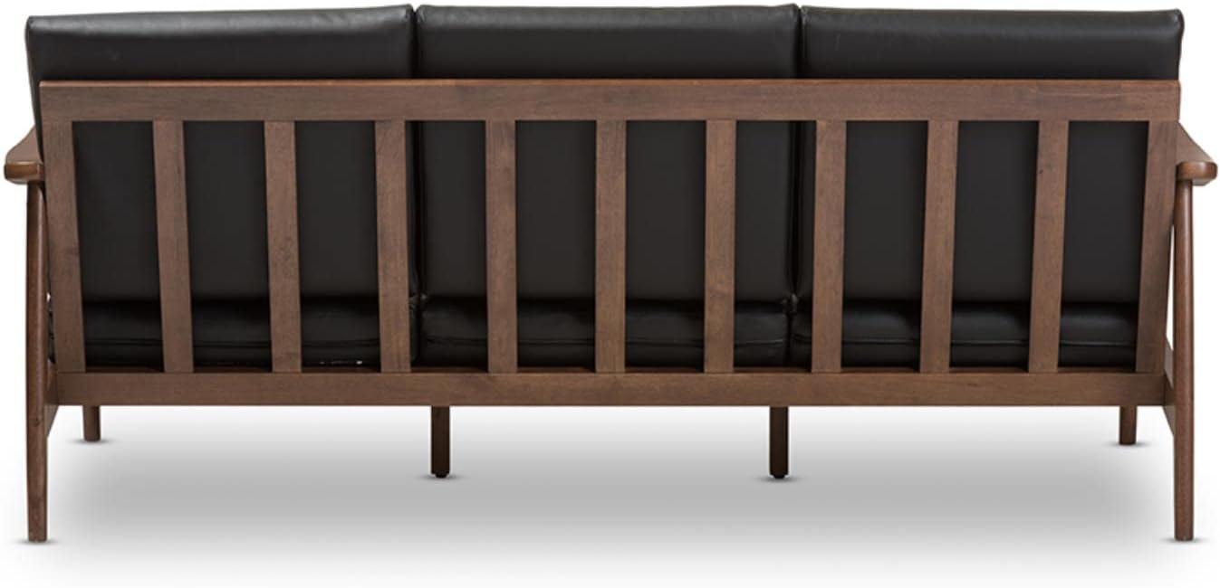 Venza Mid-Modern Walnut Wood Faux Leather 3 Seater Sofa Black - Baxton Studio: Rubberwood Frame, Tufted Back, 700lb Capacity