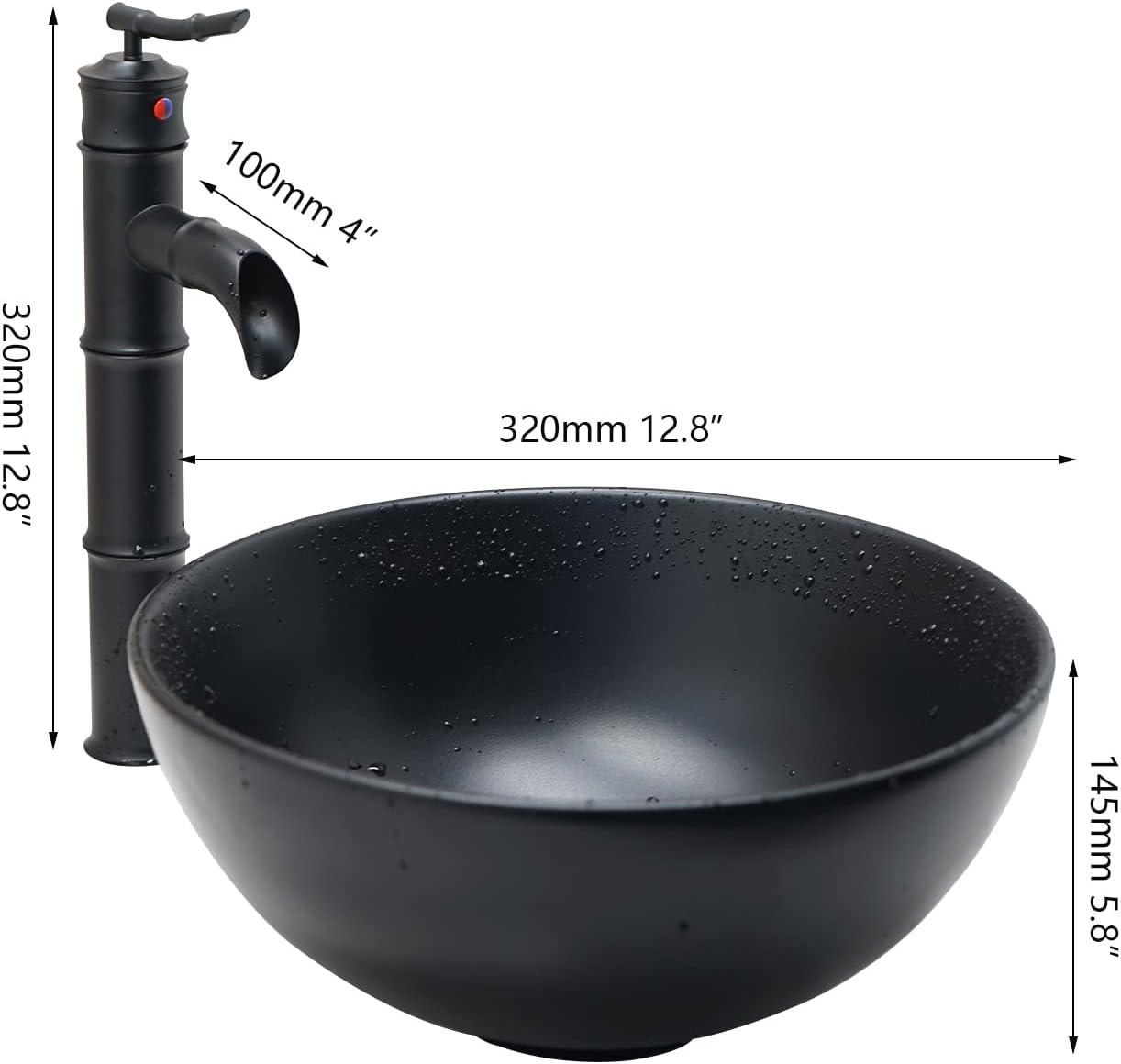 Black Round Ceramic Vessel Sink with Bamboo Faucet