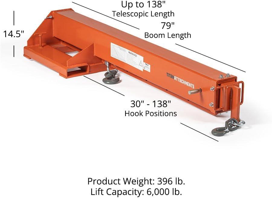 Titan Attachments Fork Mounted Adjustable Hoist Jib Boom Crane, Manual Telescopes 79"-147", 6000 LB Lift Capacity, Two 3 Ton Swivel Hooks, Ideal for Warehouse or Factories
